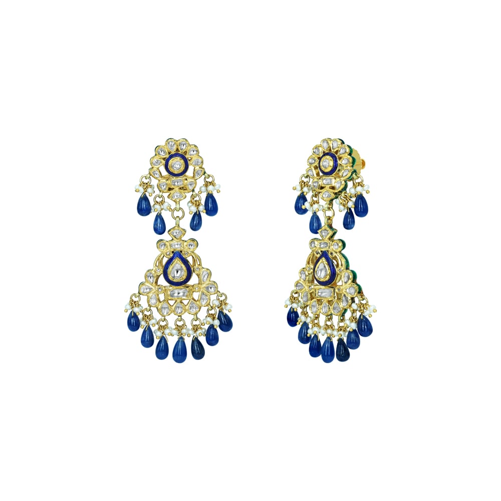 Polki Earrings with Blue Enamel and Ruby Bead Drops